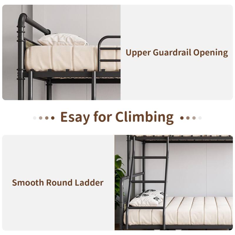 Metal Bunk Bed Twin Over Full Size, with Angled Ladder, High Guardrail