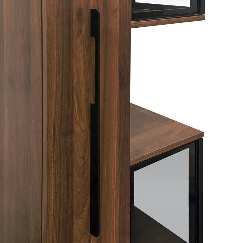 Glass Doors Display Cabinet with Lights, 70" Wooden Display Case Cabinet with Pull-Out Multi-tier Storage Shelf for Collectibles