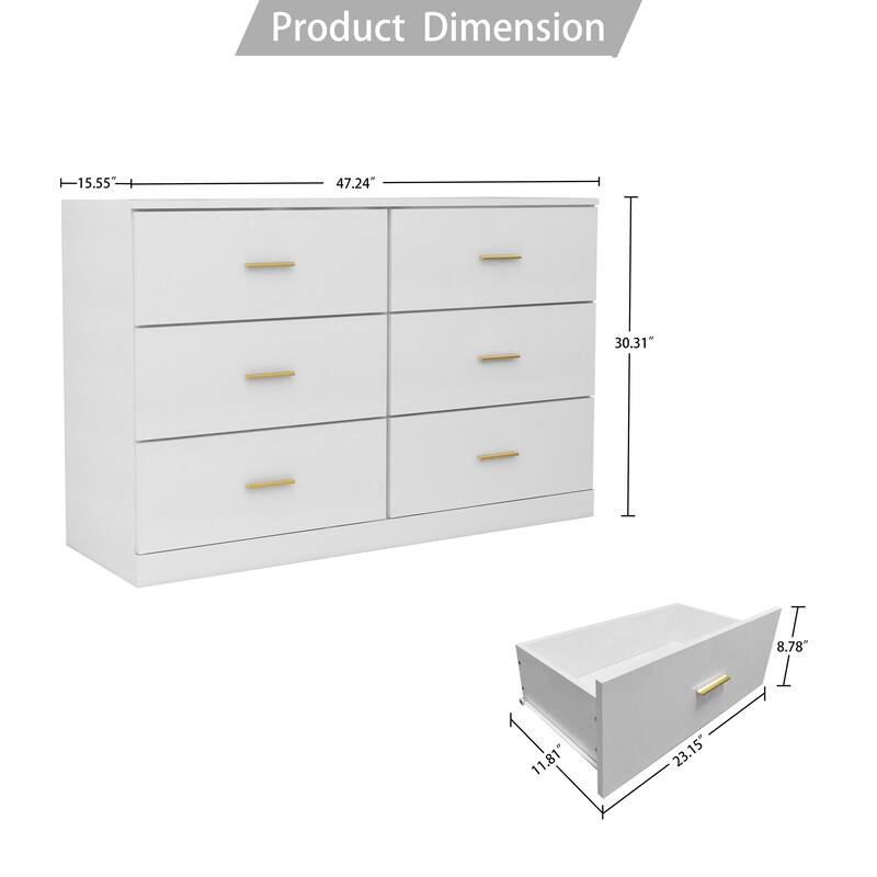 Double Dresser Chest of 6 Drawers for Bedroom