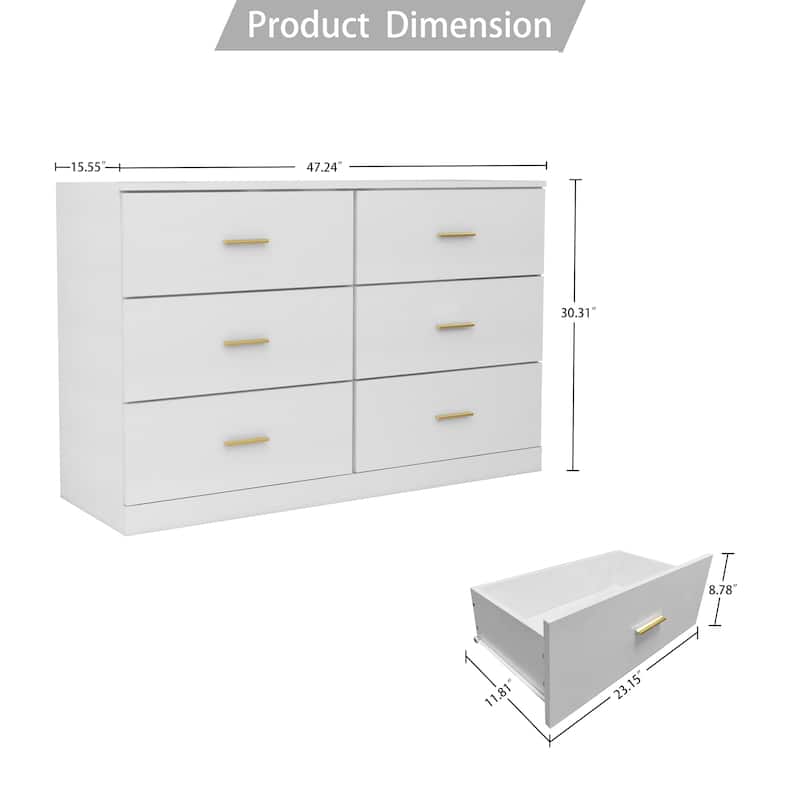White 6-Drawer Dresser, Ample Storage Wide Chest of Drawers with Golden Handles