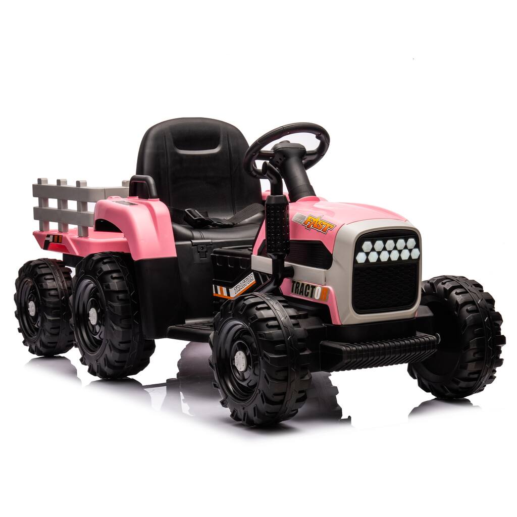 12V Kids Ride-On Tractor with Trailer, Remote Control, USB MP3, LED Lights, Adjustable Speeds, 2-Point Safety Belt