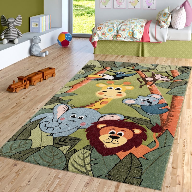 Kids Rug for childrens room with Jungle Animals in Green