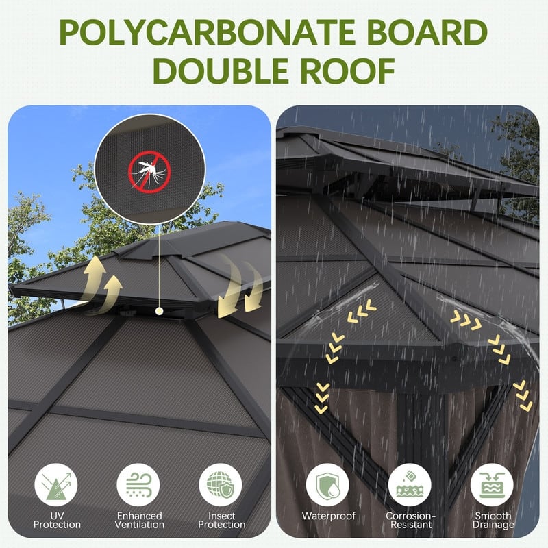 Hardtop Gazebo for Backyard – Permanent Pergola with Netting, Curtains & Double Roof, All-Weather Outdoor Shelter