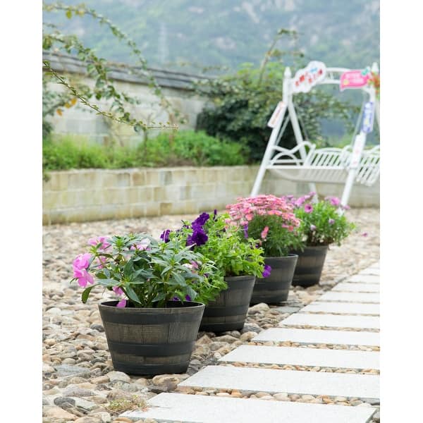 Gardenised Rustic Wood-Look Plastic Half Barrel Flower Pot Bucket Planter (Pack of 4)