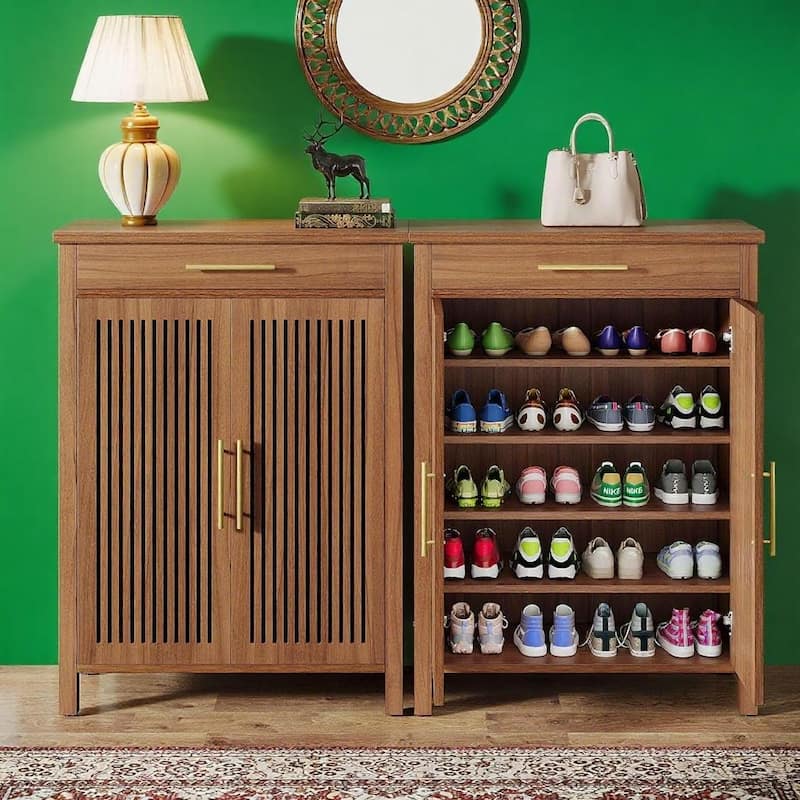 Modern Shoe Storage Cabinet with 5 Removable Shelves and Large Drawer for Entryway Use - 31.5”L x 14.17”W x 42.91”H