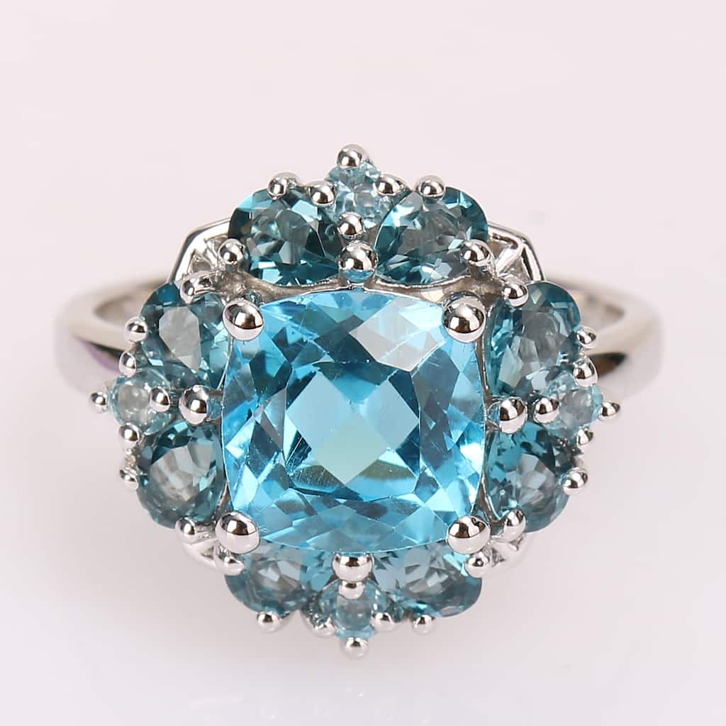 Miadora Sterling Silver 4 1/10ct TGW Swiss-Blue Topaz Floral Halo Cocktail Ring