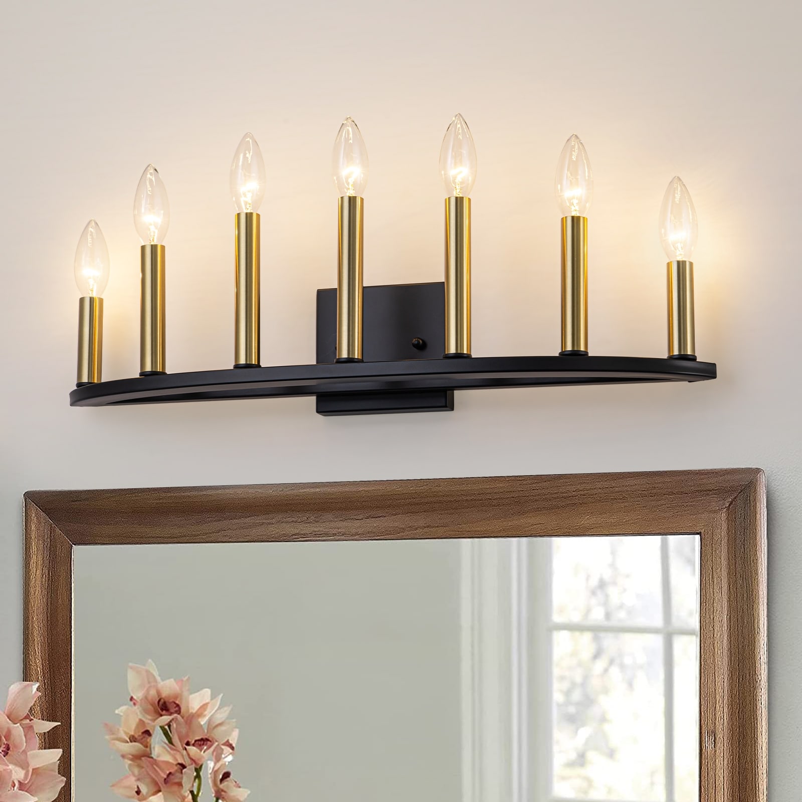 Mid-Century Modern 7-Light Black and Gold Candle Style Wall Sconce - Black Gold