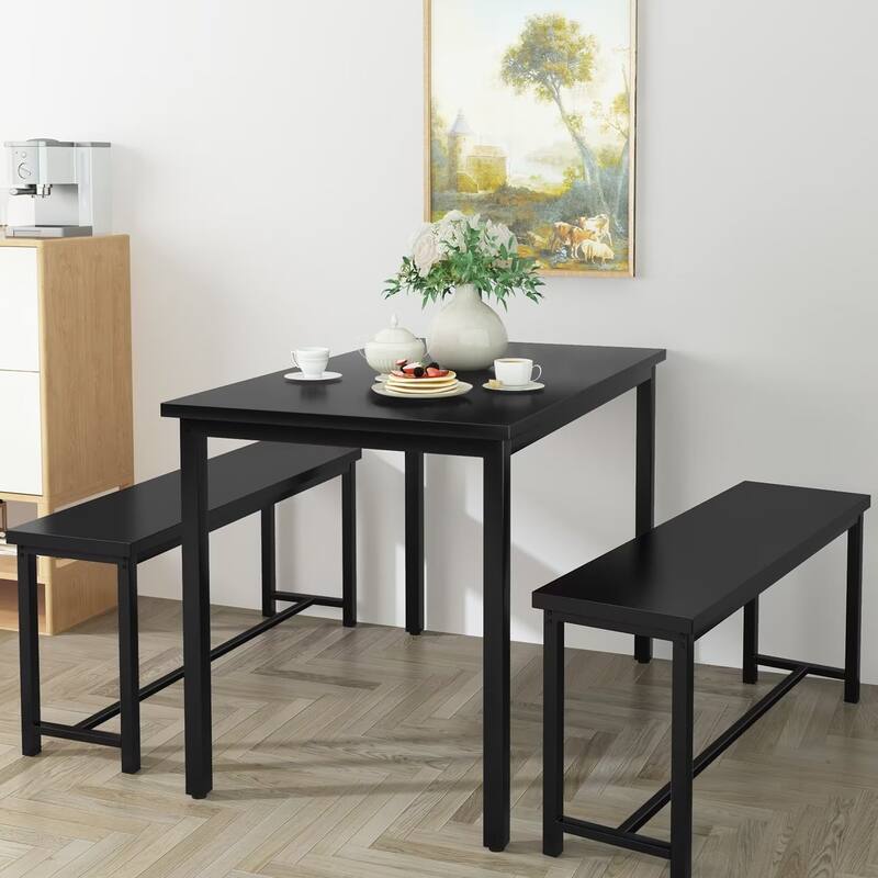 Industrial 3-Piece Dining Table Set, Retro Wood Kitchen Table Set with 2 Benches for Home Kitchen, Dining Room, Restaurant