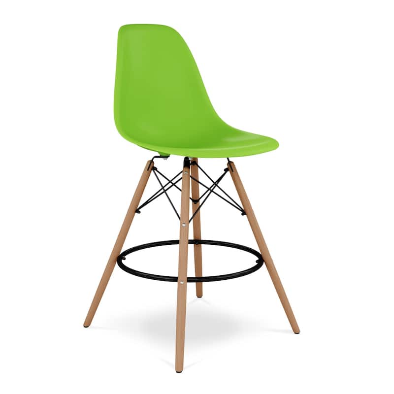 Plastic Seat Brown Wood Counter Height Bar Chair with Footrest - 21” x 22” x 41” (D x W x H) - Green