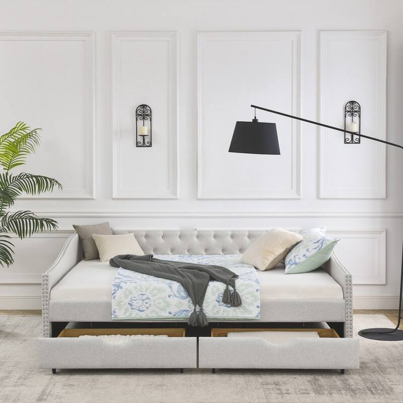 Upholstered Queen Daybed with Two Storage Drawers,Queen Size Button Tufted Sofa Bed Daybed