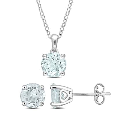 Miadora Aquamarine Two Piece Solitaire Necklace and Earrings Set in Sterling Silver