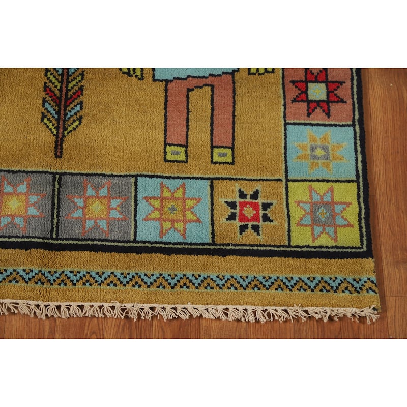 Hand Knotted Oriental 100% Wool Carpet Traditional Tribal Yellow & Gold Heriz (serapi) Runner Rug - 9' 10'' X 3' 10''