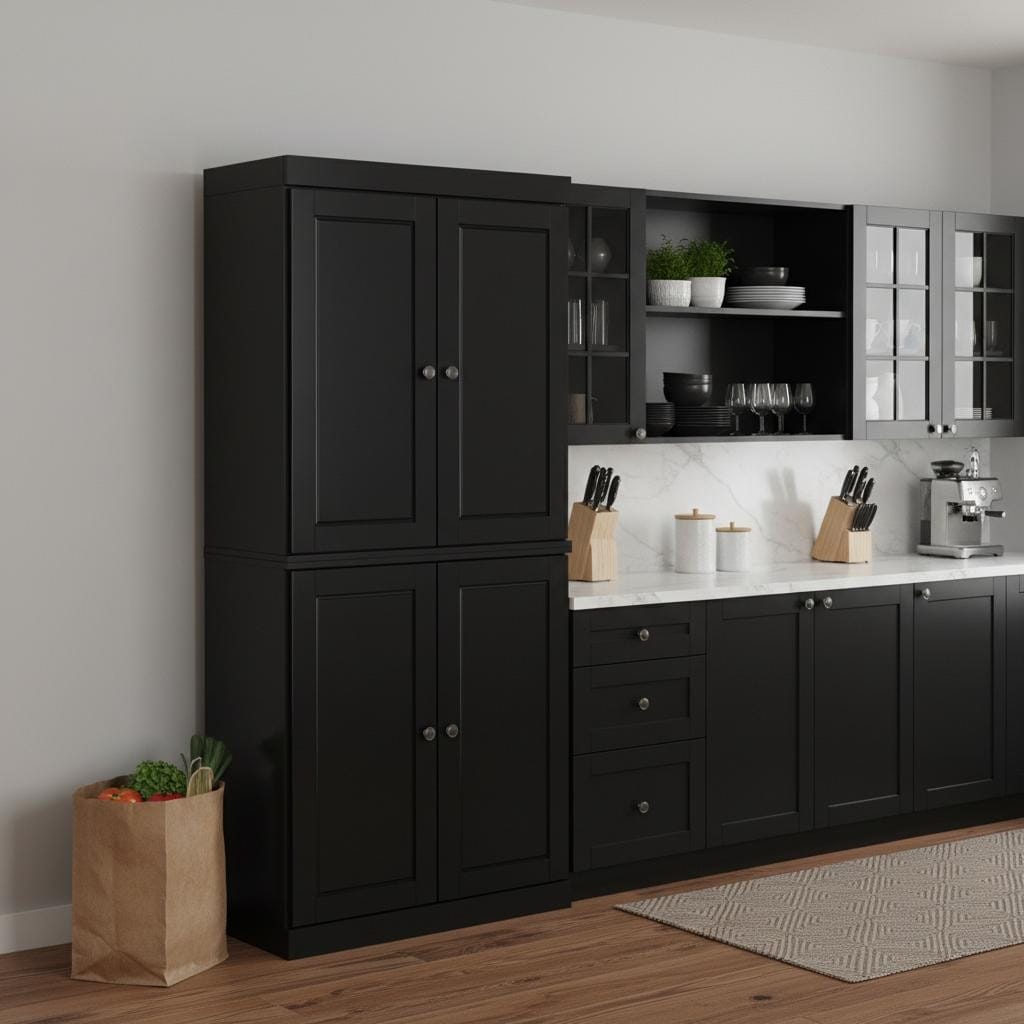 HomeRoots 72" Black Solid Wood Four Door Two Drawer Pantry Or Storage Closet - 32.00 in. x 71.50 in. x 15.50 in.