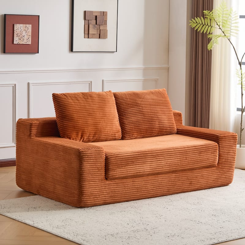 Floor Corduroy Deep Seat Loveseat Sofa with Folding Mattress Convertible Sleeper Sofa Bed with Reversible Cushion and Pillows - Orange