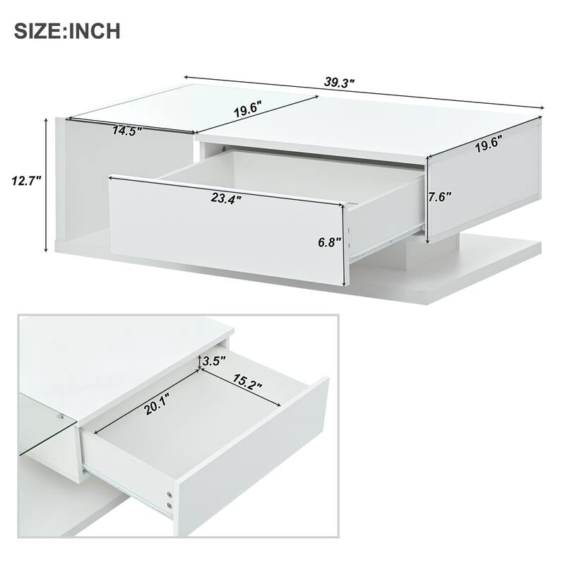 Modern Coffee Table w/ Tempered Glass Tabletop, Cocktail Table w/ High-gloss UV Surface, Modernist 2-Tier Rectangle Center Table
