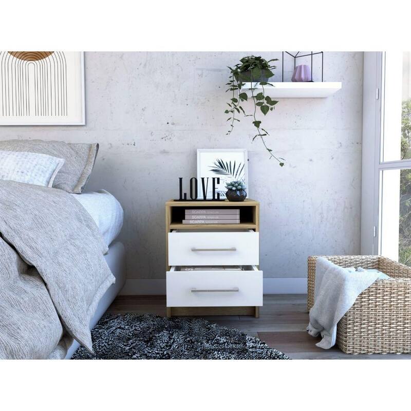 20-Inch Nightstand with Two Drawers, Open Shelf, and Metal Handles, White