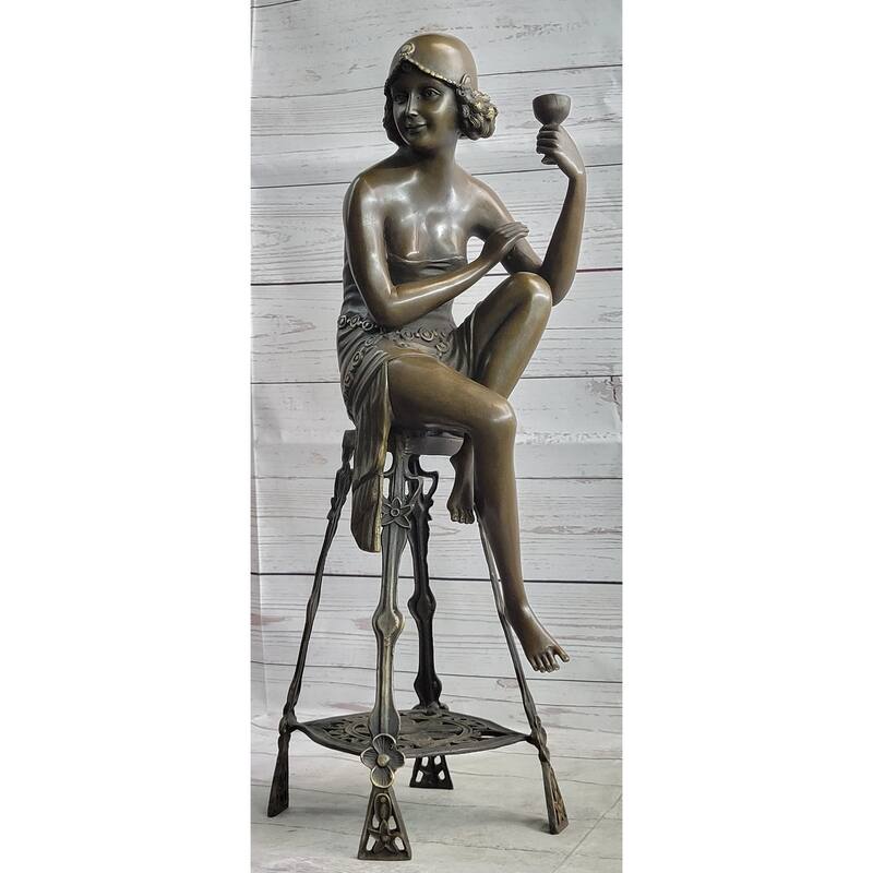 Art Deco Flapper Girl On Chair W/ Wine Champagne Gl Bronze Figure Sculpture 21.5 Inches X 6.5 Inches