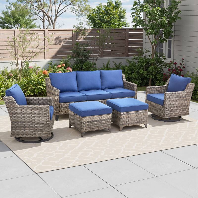 Pocassy Outdoor Patio Furniture Wicker Sofa Swivel Chair Set - Grey Wicker Blue Cushion - 5 Pieces Sofa Swivel Chair with Ottoman