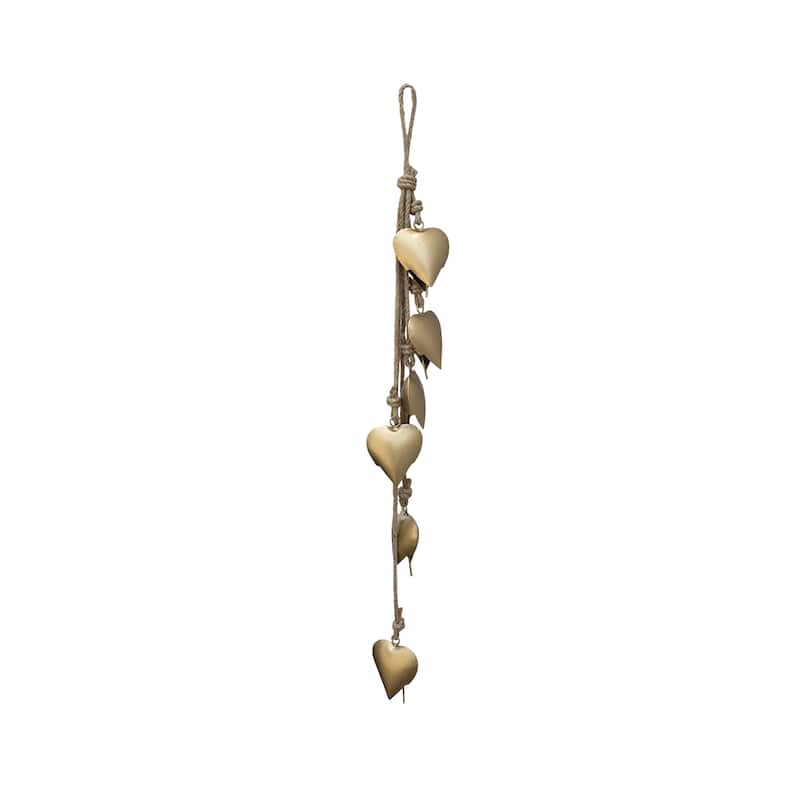Zema 6 Heart Shape Iron Bells on 35 Inch Jute Hanging Rope, Antique Gold Wall Decor