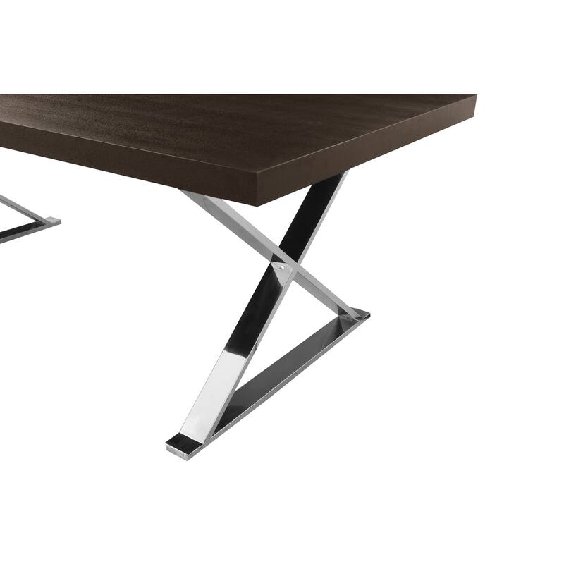 Rix 87 Inch Dining Table, Espresso Brown Wood Top, X Chrome Steel Legs