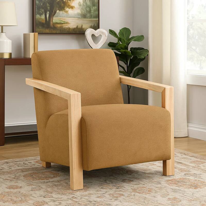 Ellon Accent Armchair, Soft Honey Orange Cushioned, Natural Brown Wood