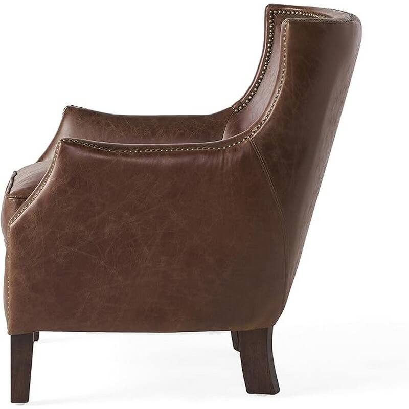 Accent Sofa Chair, Studded Trim, Brown Top Grain Leather, Rubberwood