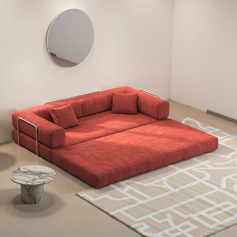 Modular Convertible Sleeper Sofa Bed, Corduroy Fabric Compression Sofa, Floor-Standing Sofa Bed with Armrests & Backrest