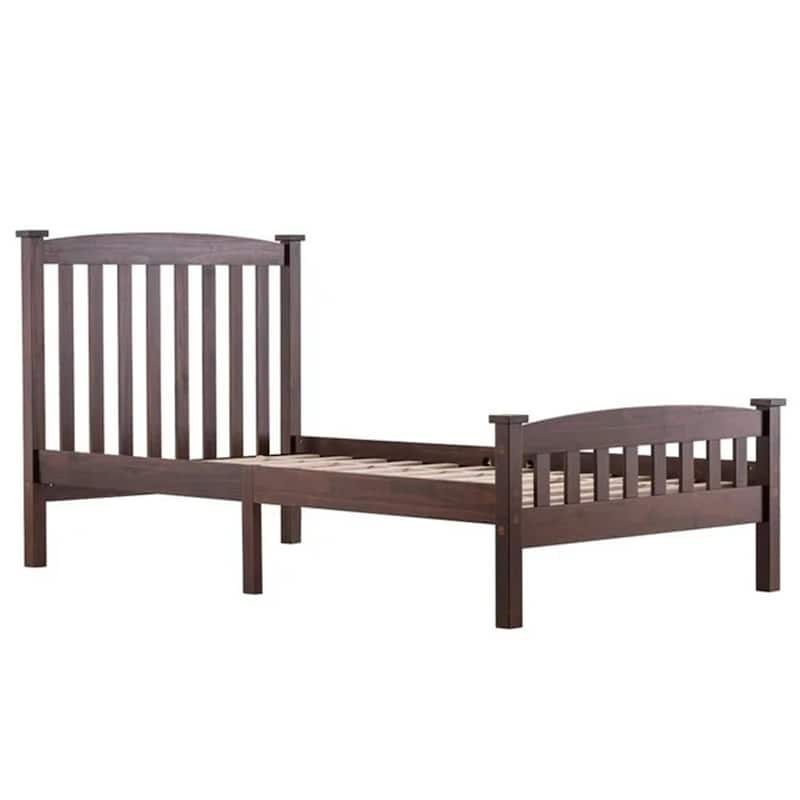 Twin Canopy Bed with Arched Headboard and Footboard, Solid Pine Wood Wooden Bed with Coffee-Brown