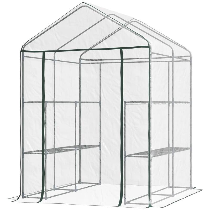 Clear Plastic Steel Frame Walk-In Greenhouse with Shelves and Cover - Clear-56.25" L x 56.25" W x 76.75" H - Clear