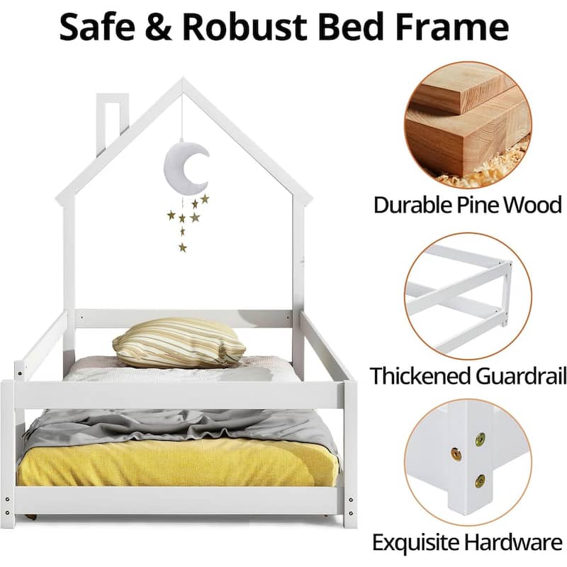 Twin Size House-Shaped Headboard Floor Bed with Fences