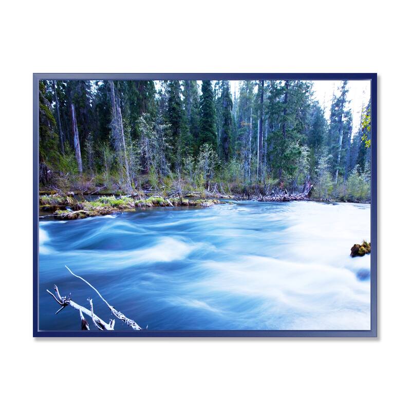 Designart "Blue River in Forest At Evening" Oversized Landscape Framed Canvas Art