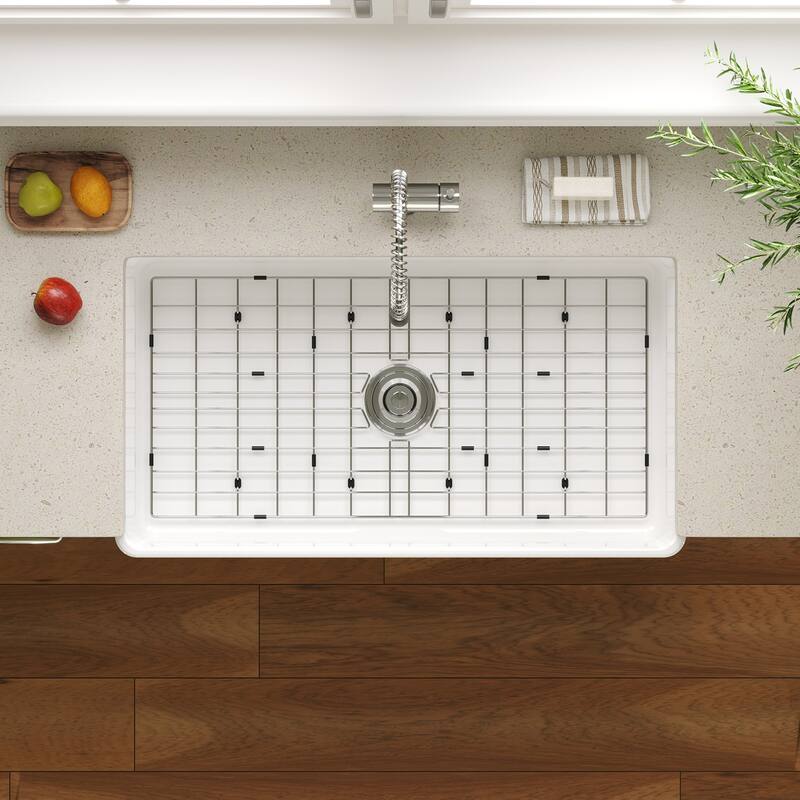 HOROW 36 in. White Fireclay Farmhouse Apron-Front Single-Bowl Kitchen Sink with Bottom Grid and Strainer
