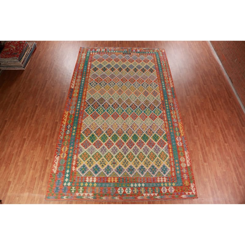 All-Over Trellis Kilim Oriental Large Rug Flatweave Wool Carpet - 10'1"x 16'8"