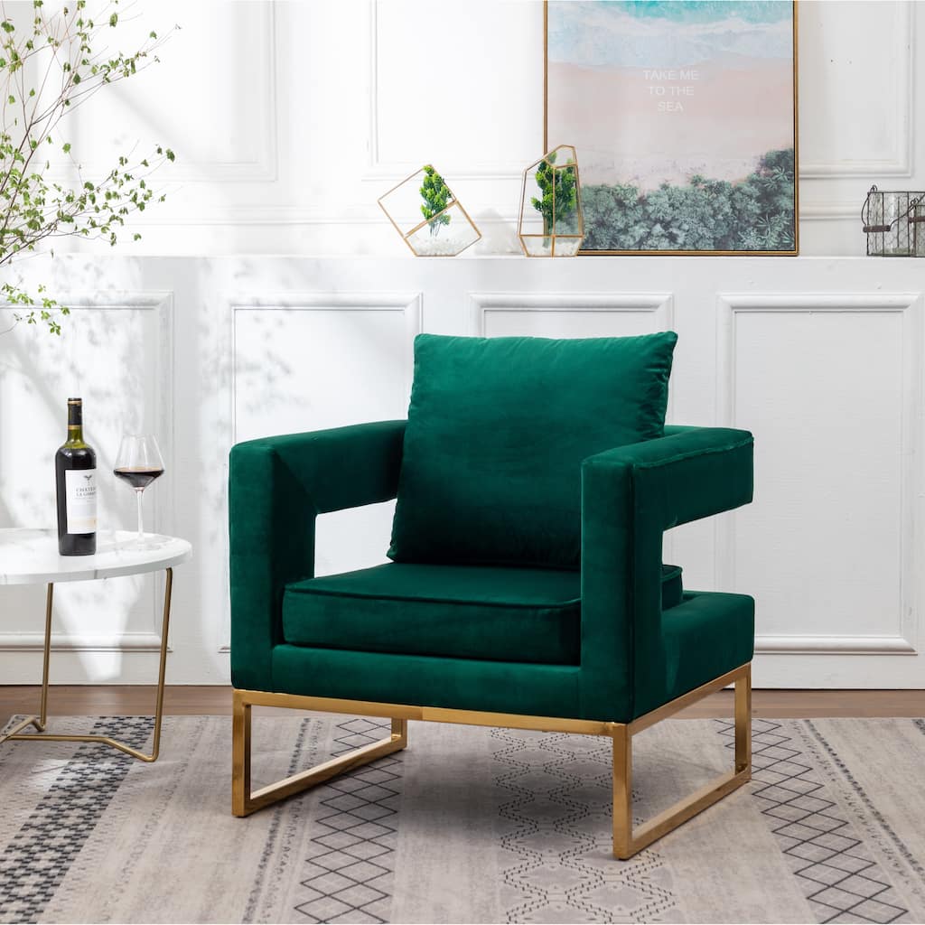 Green Modern 29.75" Polyester Upholstered Arm Chair with Gold-Colored Metal Tube Frame