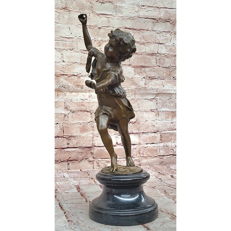 Bronze Dancing Girl Sculpture – Joyful Child Figurine On Marble Base