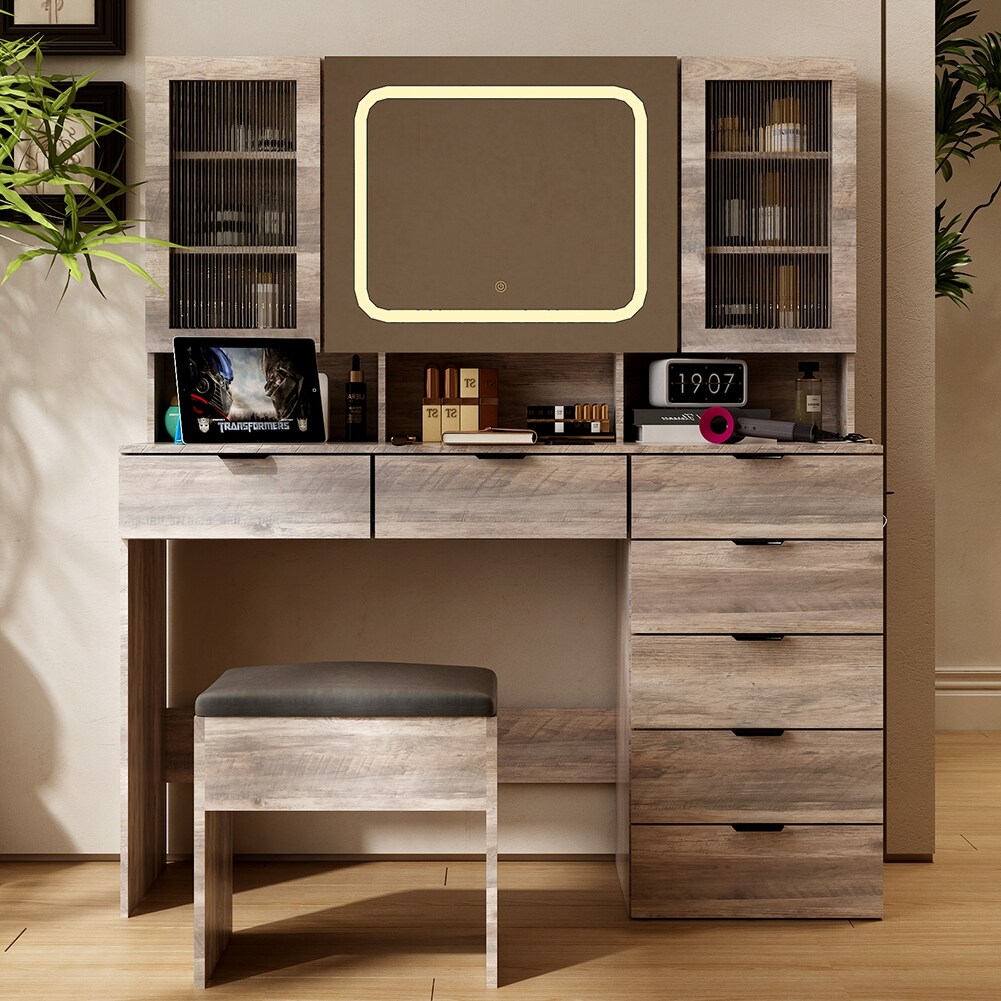 Large Vanity Table Set with LED Lighted Mirror,Charging Station,Glass Doors,Drawers and Storage Shelves