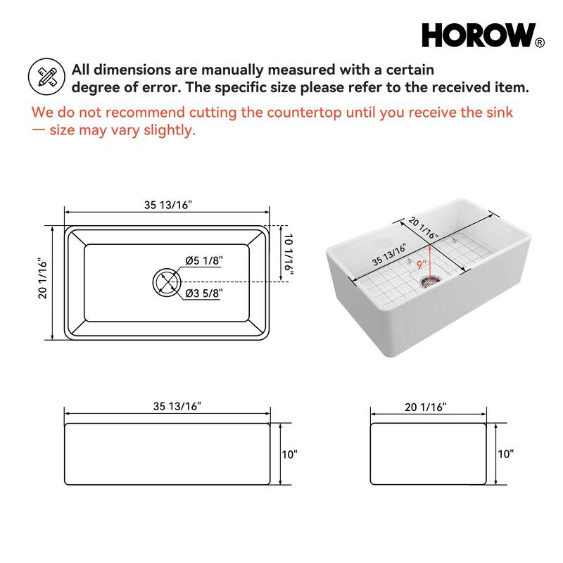 HOROW 36 in. White Fireclay Farmhouse Apron-Front Single-Bowl Kitchen Sink with Bottom Grid and Strainer