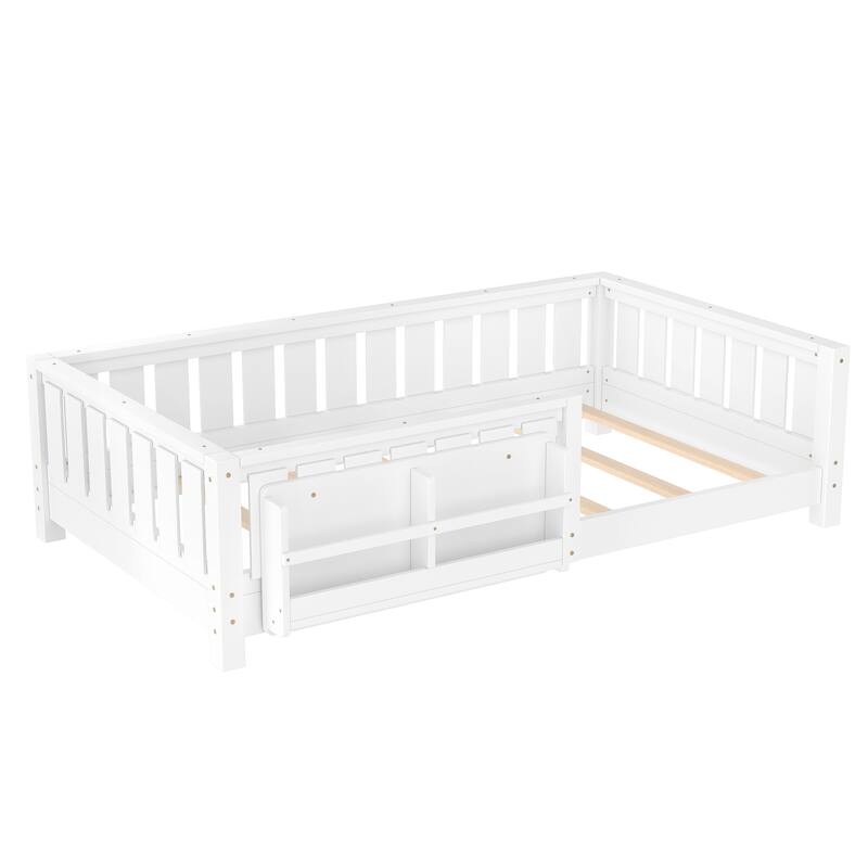 Montessori Floor Bed Low Profile Kids Bed with Rails & Bookshelf