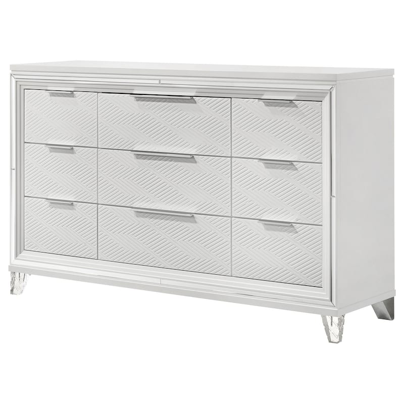 Mory Wide Dresser, 9 Drawers, Embossed Herringbone Pattern, White