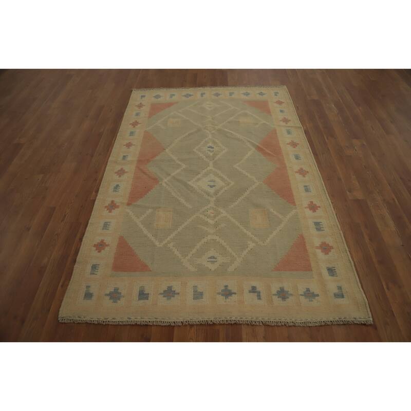 Hand Woven Oriental 100% Wool Carpet Southwestern Tribal Greys & Charcoal Kilim Area Rug - 5' 11'' X 4' 0''