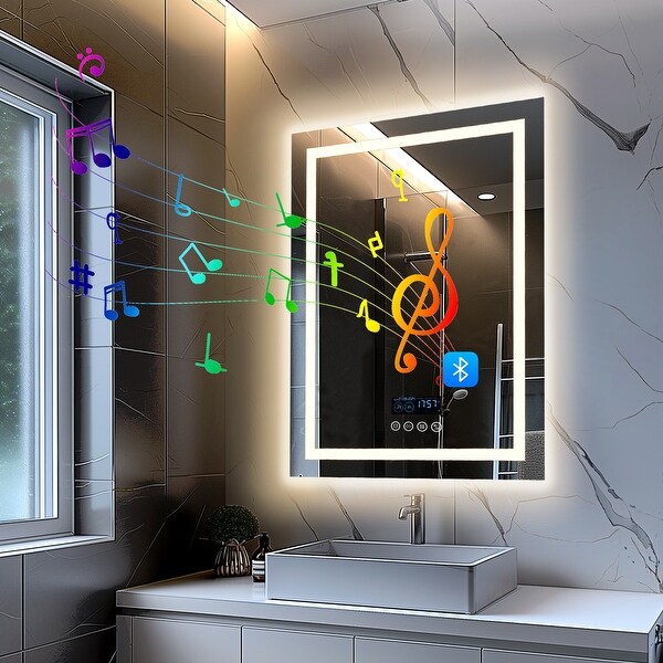 Smart LED Illuminated Fog free Large Bathroom Mirror with Bluetooth Speakers Digital Display Bed Bath Beyond 41079447