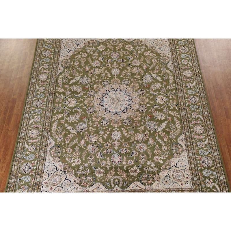 Traditional Green Kashan Oriental Area Rug Floral Wool & Silk Carpet - 9'0"x 12'0"