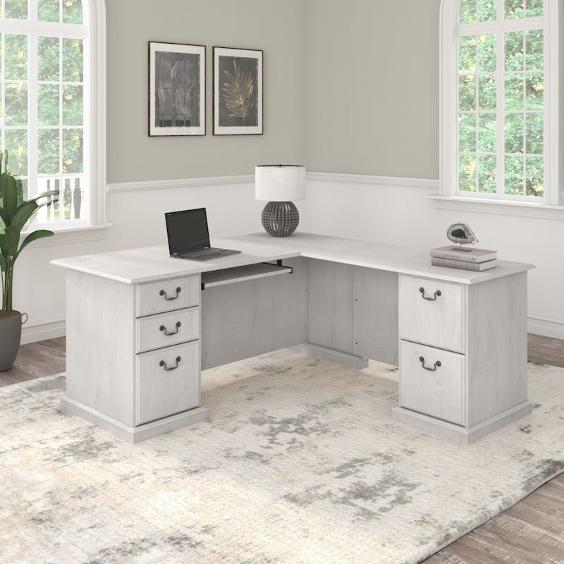Bush Furniture Saratoga L Shaped Computer Desk with Drawers - Linen White Oak