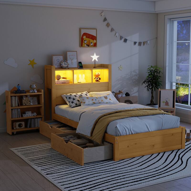 Roomfitters Twin/Full Platform Bed, LED Bookcase Headboard and Pull Out Storage Drawers with Wooden Frame for Bedrooms
