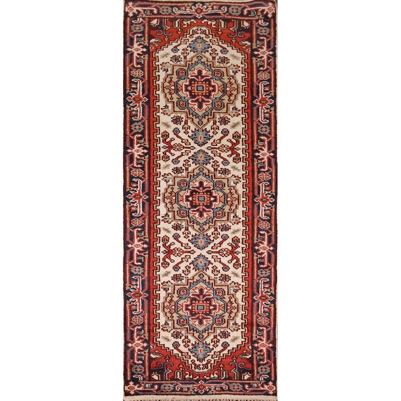 Ivory Geometric Heriz Serapi Oriental Runner Rug Handmade Wool Carpet - 2'7"x 8'1"