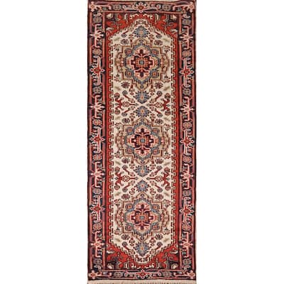 Ivory Geometric Heriz Serapi Oriental Runner Rug Handmade Wool Carpet - 2'7"x 8'1"
