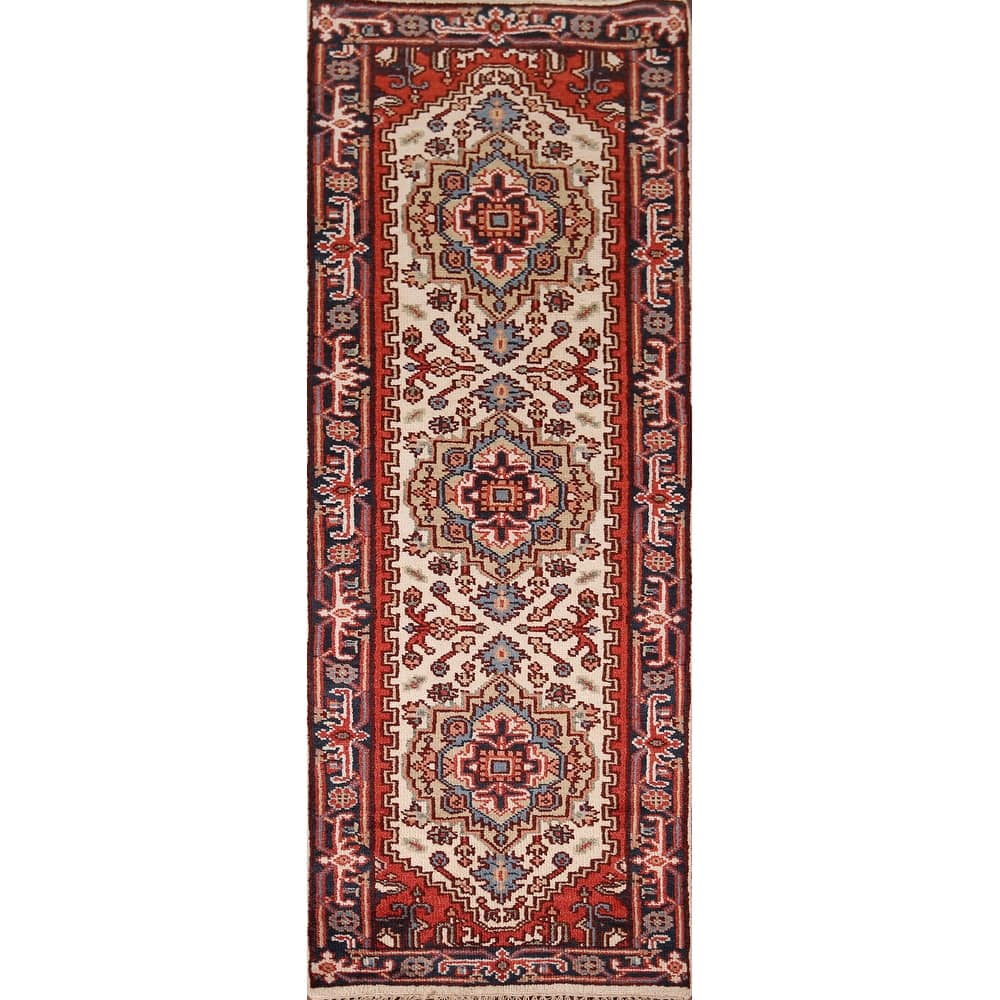Ivory Geometric Heriz Serapi Oriental Runner Rug Handmade Wool Carpet - 2'7"x 8'1"