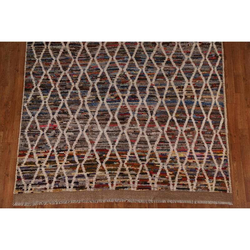 Hand Knotted Oriental 100% Wool Carpet Modern All-Over Black Moroccan Area Rug - 9' 7'' X 6' 3''