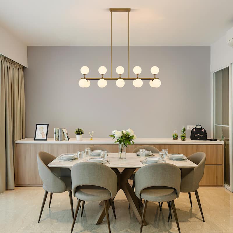 44in W Linear Mid Century Modern Chandelier 15 Light Gold Brass Sputnik Pendant Light with Frosted Glass Globe for Dining Room