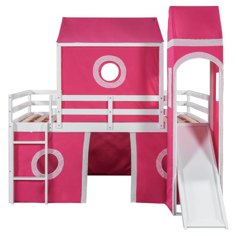 Roomfitters Full Size Loft Bed with Slide, Pink Tent and Decorative Tower, Playful Sleeping Platform, Pink